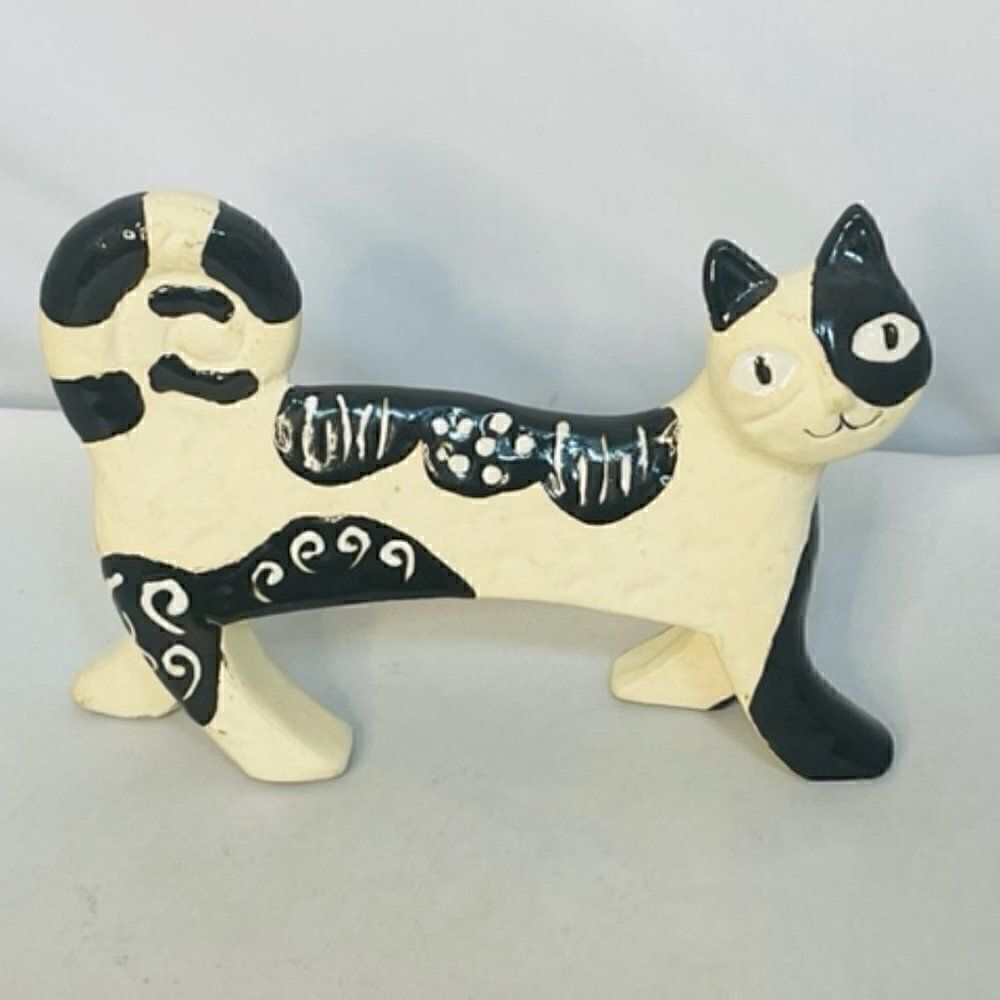Whimsical Cat Folk Art Pottery Brown Cream by Ganz Very Good condition - No crac